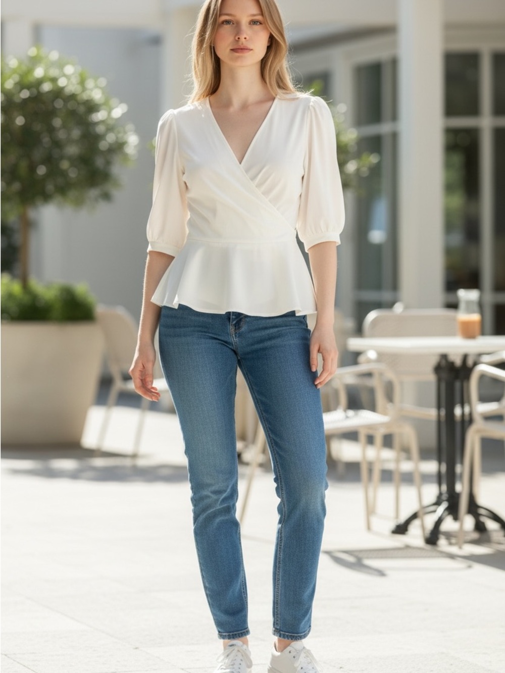 Banana Republic  White Surplice Peplum Blouse Size Small